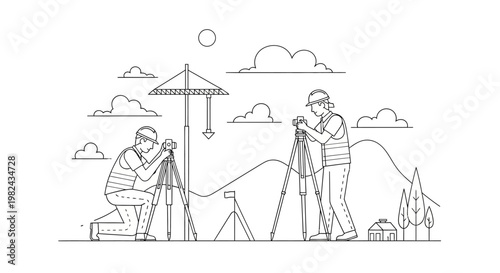 Professional Land Surveyors at Construction Site Line Art Illustration. Engineering Surveying Team Measuring Land with Theodolite and Tripod. Minimalist Vector Design.