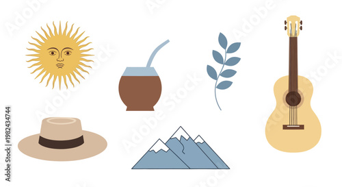 Collection of Argentine cultural symbols and natural elements.