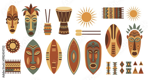 Collection of African tribal masks, shields, drums, and sun symbols.