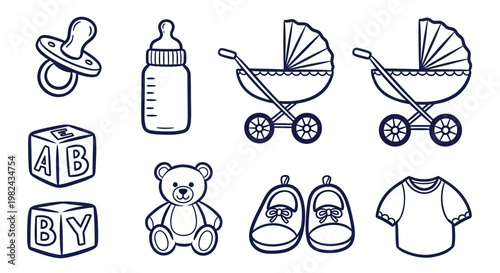 Collection of Baby Items and Toys in Outline Style.