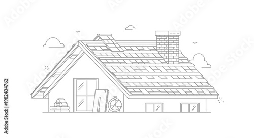 Minimalist Line Art Illustration of House Roof Construction and Renovation with Solar Panels and Chimney