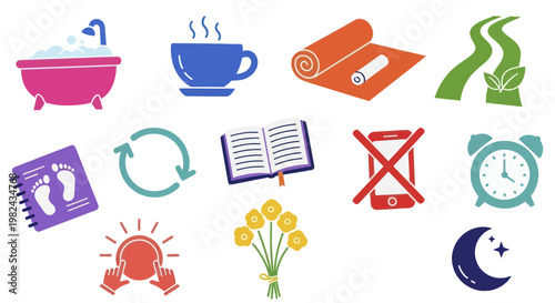 Collection of daily routine and wellness icons for self care.