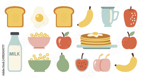 Collection of Breakfast Food Items and Drinks.