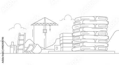 Minimalist Line Art Illustration of a Construction Site with Building Materials, Crane, and Equipment