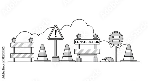 Road Construction Site Safety Signs and Traffic Barriers Vector Line Art Illustration