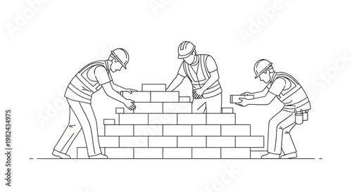 Construction Workers Building a Brick Wall, Minimalist Line Art Illustration of Teamwork and Manual Labor