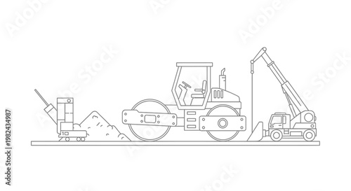 Heavy Construction Machinery Line Art Illustration with Road Roller, Crane, and Drilling Equipment - Vector Icon Set for Building and Infrastructure Projects