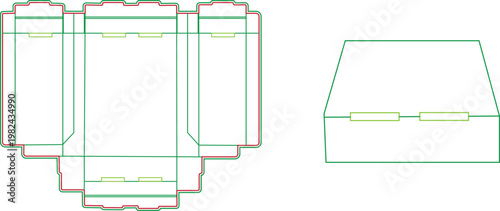 Vector Dieline Template for Cardboard Food Takeaway Box with Locking Tabs and Folding Crease Lines