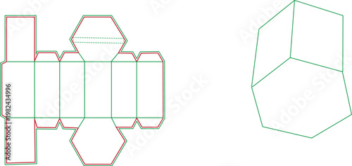 Hexagonal packaging box die cut template with 3D mockup and folding lines for product design