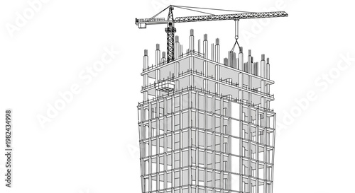 Modern Skyscraper Construction Site Line Art Sketch with Tower Crane on White Background