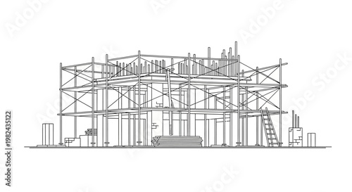 Minimalist House Construction Site Line Drawing - Architectural Blueprint Sketch Illustration with Scaffolding