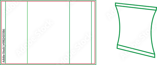 Flexible flow pack sachet packaging die-cut line template with 3D realistic mockup for food or cosmetic product branding.