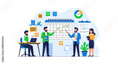 Team collaborating on a project schedule, planning tasks and deadlines on a large calendar with checkmarks and notes.