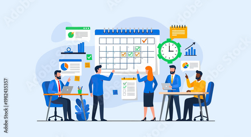 Team of professionals collaborating around a large calendar, planning and managing tasks for effective project execution and time management.