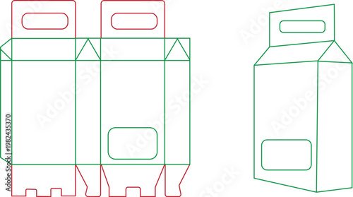 Packaging dieline template for retail box with hanging tab window and auto-lock bottom construction