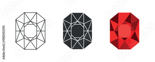 Ruby gemstone, three styles, outline, silhouette, colored, faceted, oval cut, gem icon set, vector