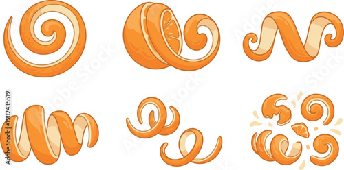 Set of fresh orange peel zest and citrus spiral twists featuring various fruit skin curls for culinary and beverage design, on transparent background
