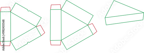 Triangular packaging box template die cut layout for food or gift slice container with folding lines