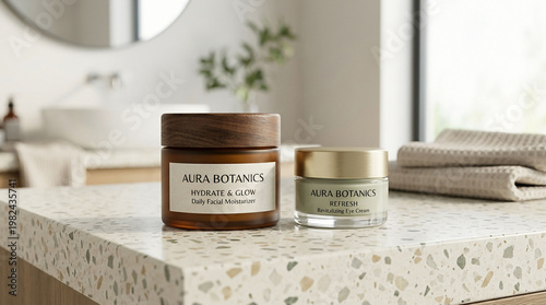 Skincare products on bathroom countertop closeup.