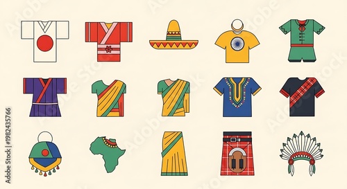 Assorted vector icons depict traditional garments from various cultures, featuring stylized apparel and accessories