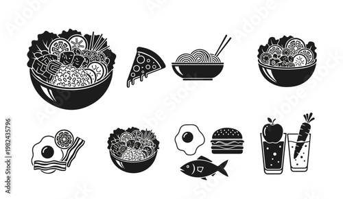 Vegatable dish, poke bowl food and healthy salad set. Meal line icons. Pizza, pasta spaghetti bowl and burger line icons. Breakfast meal, vegetable salad and fish.  Vector