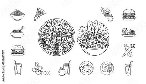 Vegatable dish, poke bowl food and healthy salad set. Meal line icons. Pizza, pasta spaghetti bowl and burger line icons.