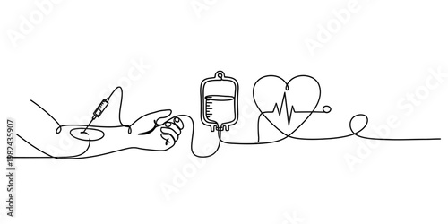 Continuous line drawing of a medical infusion process connected to a heartbeat symbol on white