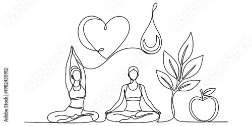 A single continuous line drawing of two people practicing yoga with a heart and healthy symbols