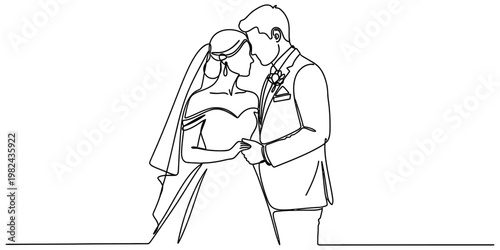 A single continuous line drawing of a newlywed couple standing together on their wedding day