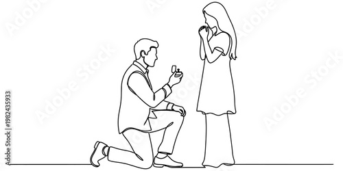 A romantic line art drawing of a man kneeling to propose marriage to his surprised girlfriend