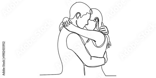 A minimalist continuous line drawing depicting a romantic couple sharing an intimate embrace