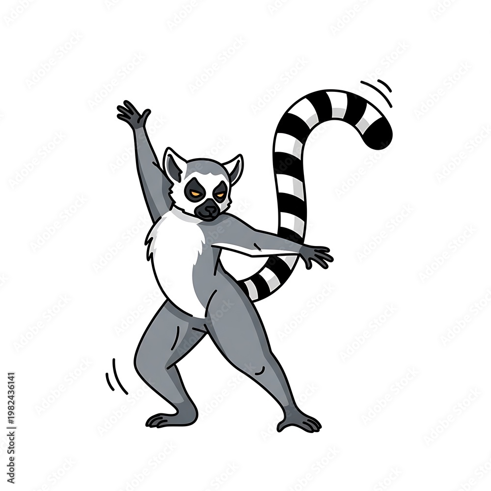 Fototapeta premium Cartoon illustration of a dancing ring-tailed lemur with raised arms, a striped tail, and a playful expression