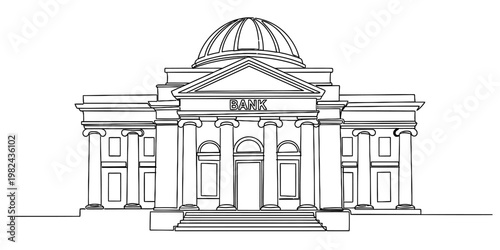 A detailed black and white line drawing of a classic bank building with columns and a dome roof.