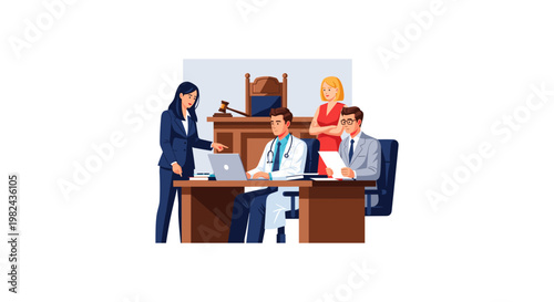 Doctor interacting with lawyer and client at judge's bench with laptop and files representing expert witness in legal case for medical testimony consultation.