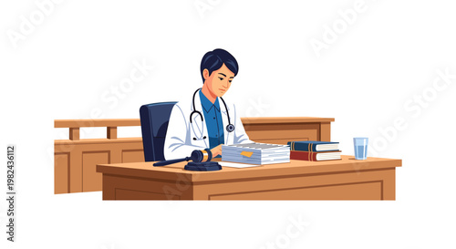 Doctor sitting at judge's desk with gavel and books representing expert medical opinion in legal proceedings and courtroom consultation for justice and law.