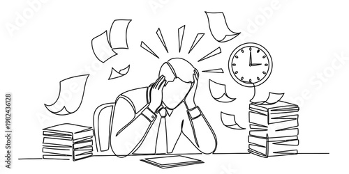 A stressed businessman sitting at a desk overwhelmed by work deadlines and piles of documents.