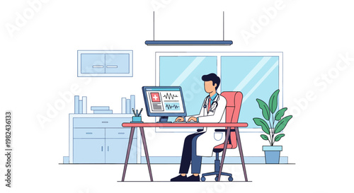 Physician working in modern bright medical office sitting at desk using computer with patient health charts and heartbeat data on screen near window with green plant and blue storage cabinet files.