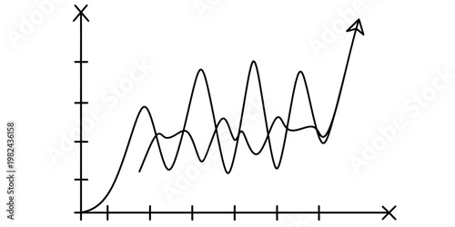 A hand drawn line graph depicting two volatile data trends rising together on a cartesian plane