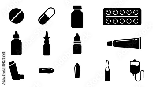 Pharmacy Medicine Icons Set, Pharmaceutical Products and Medication Silhouettes Collection