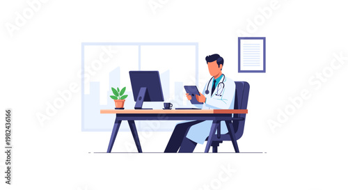 Male physician using digital tablet at office desk in modern clinic overlooking city skyline while wearing white coat and stethoscope professional doctor managing patient data in flat vector style.