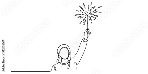 Continuous line drawing of a person celebrating with a lit sparkler held high in their hand