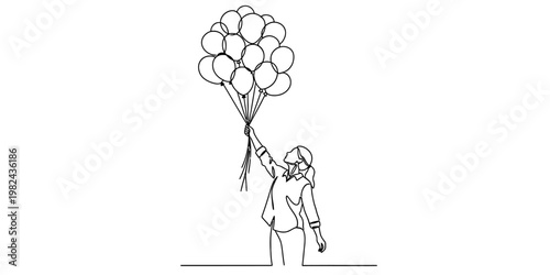 A continuous line drawing of a young woman happily holding a large bunch of floating balloons