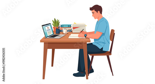 Medical student or male nurse studying at wooden table taking notes while using laptop computer and reading books in home office or library setting with stacks of paper and desk accessories vector.