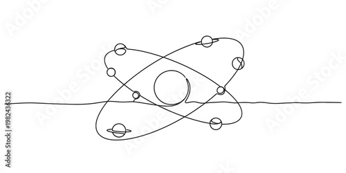 Minimalist continuous single line drawing of a solar system with planets orbiting a central sun