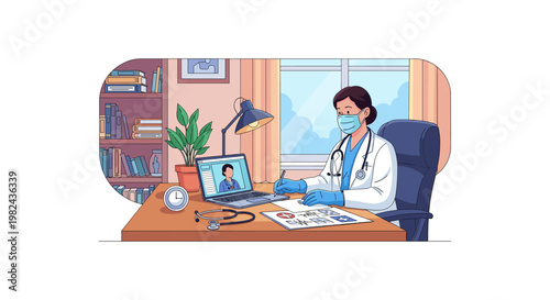Female doctor wearing face mask and gloves working at desk during teleconsultation with laptop and patient records in medical office with bookshelf and window background vector illustration design.