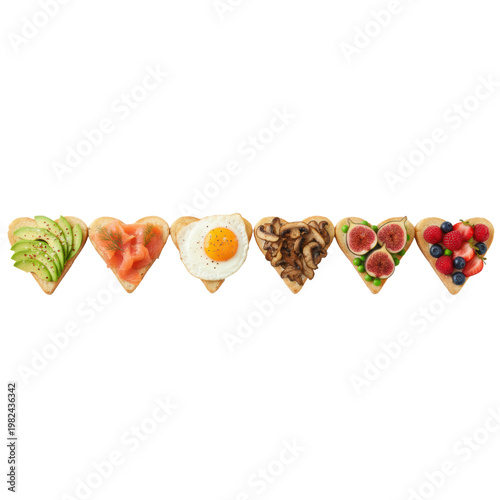 Six heart-shaped golden toasts with avocado, salmon, egg, mushrooms, figs, and berries in a neat row on white. Concept of healthy gourmet breakfast