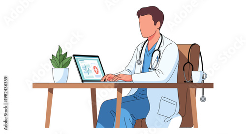 Professional male doctor working on laptop at desk in clinic office wearing white coat and blue scrubs with stethoscope and potted plant on table background for healthcare industry flat vector.