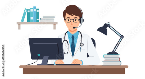 Telehealth doctor wearing headset and white coat sitting at desk with computer monitor plus books while providing remote medical consultation services online for patients in digital clinic setting.