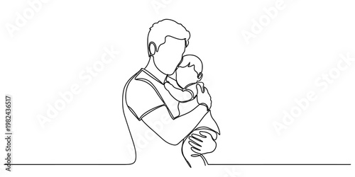 A single continuous line drawing of a father holding his baby in a loving and tender embrace