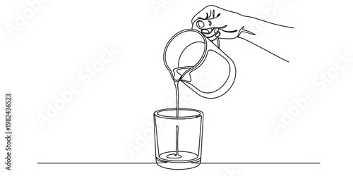 A single continuous line drawing of a hand holding a pitcher pouring liquid into a glass cup.